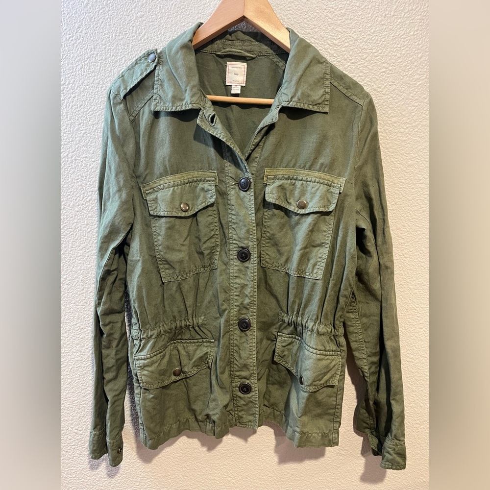 Vintage Y2K GAP Linen Cotton Lightweight Military Utility Jacket Green Medium
